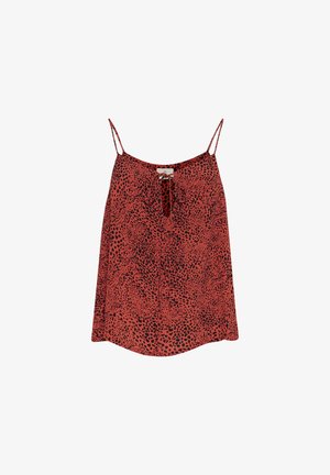 Raudonas be rankovių palaidinė su juodu leopardų raštu, lengvas audinys, laisvas siluetas, V formos iškirptė su raišteliu, reguliuojamos spaghetti tipo petnešos.