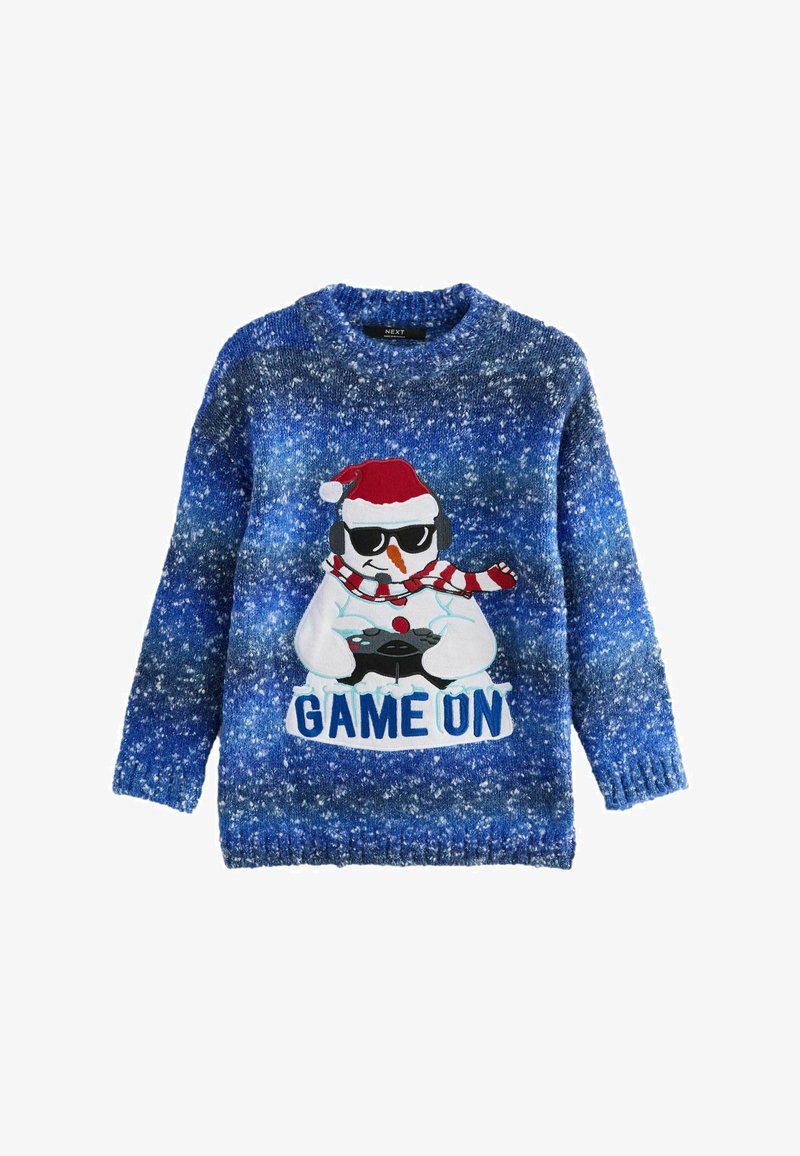 Pull en tricot bleu avec un pingouin portant des lunettes de soleil et un chapeau de Santa, tenant une manette de jeu avec le texte "JEUX PRÊTS" en dessous.