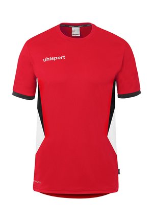Rood sportshirt met korte mouwen, zwarte en witte zijpanelen, zwarte mouwboorden en het "uhlsport"-logo op de bovenste linkerborst.