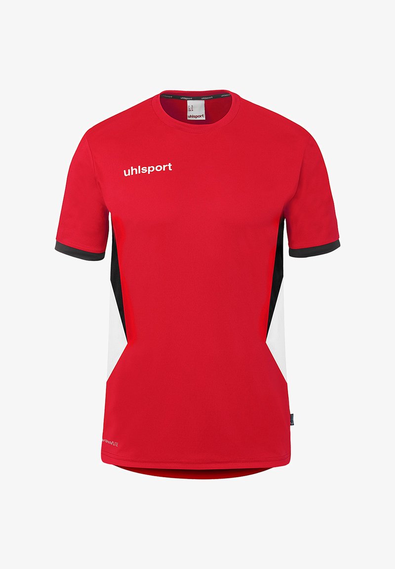 Maillot de sport rouge à manches courtes avec panneaux latéraux noirs et blancs, bords de manches noirs et logo "uhlsport" sur la poitrine gauche en haut.