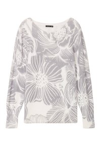Helles graues, floral gemustertes Sweatshirt mit langen Ärmeln und weitem Ausschnitt. Aus weichem Stoff gefertigt, mit abstrakten Blumen und Blättern.