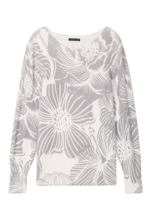 Lichtegrijze trui met een bloemenpatroon, lange mouwen en een wijde halslijn. Gemaakt van zachte stof, met abstracte bloemen en bladeren.