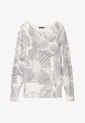 Maglione floreale grigio chiaro con maniche lunghe e scollo ampio. Realizzato in tessuto morbido, presenta fiori e foglie astratti.