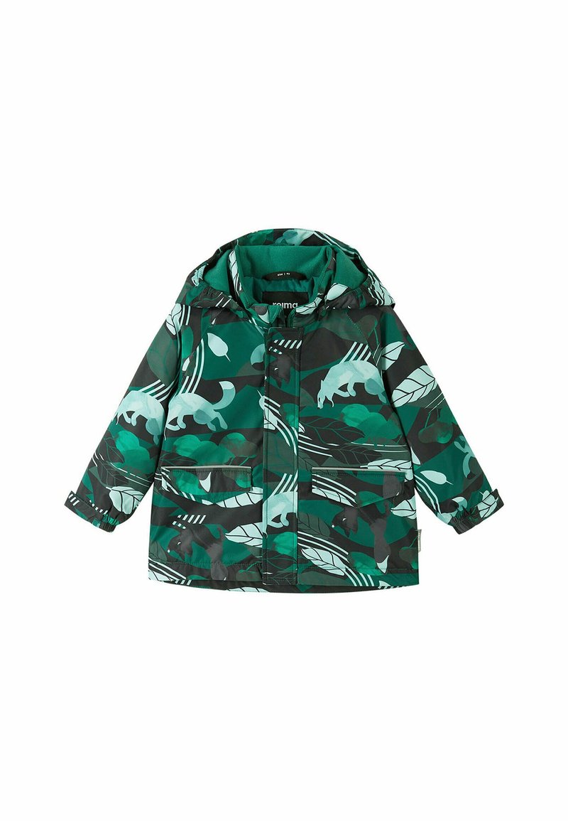 Giacca verde a fantasia con tonalità di verde e bianco, cappuccio, tasche anteriori e un mix di motivi di foglie e animali.