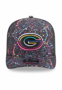 Snapback cap with a black base, splattered multicolor paint pattern, featuring an embroidered logo in pink, green, and yellow accents.