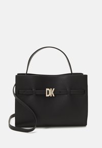 Black rectangular leather handbag with top handle, detachable shoulder strap, and gold-tone DK logo on front strap detail.