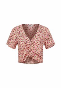 Cvjetni kratki crop top s kratkim rukavima, s V izrezom, nabrčanom prednjom stranom i detaljem s vezicom. Boje uključuju krem, ružičaste i ljubičaste cvjetove na svijetloj podlozi.
