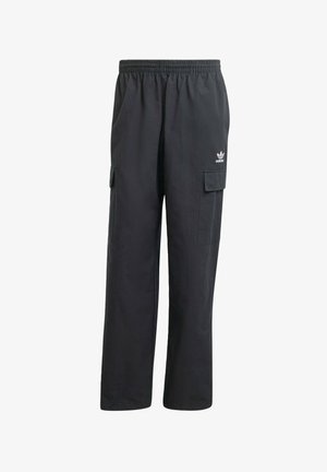 Pantalones cargo negros con una cinturilla elástica, dos bolsillos laterales y un logo sutil en el muslo izquierdo. Fabricados con una tela ligera.