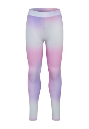 Elastyczne legginsy z gradientem kolorów łączącym odcienie fioletu, różu i bieli, z dopasowanym paskiem w talii i długością sięgającą kostek.