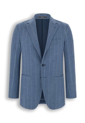Blazer bleu à fines rayures pour homme avec revers crantés, deux poches avant, une poche poitrine et une fermeture à un bouton, présenté sur fond blanc.