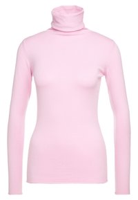 Ljusrosa långärmad figurnära polotröja med en slät textur och utan synliga mönster eller utsmyckningar.