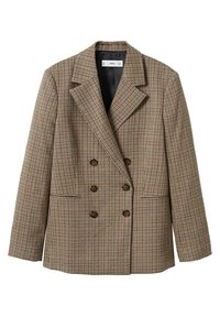 Veste croisée à motif écossais marron et beige, dotée de gros boutons marron, de revers crantés et de deux poches latérales.