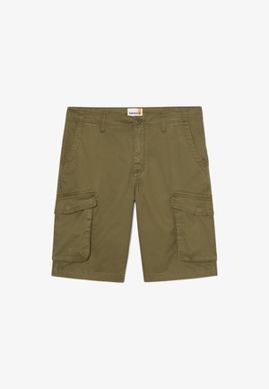 Olivgröna cargoshorts i bomull. Funktioner inkluderar flera sidofickor, knappstängning och bälteshällor. Slät textur.