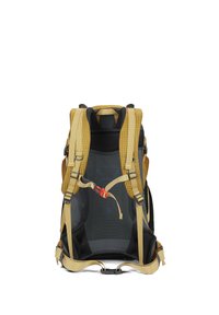 Sac à dos avec un dessus à motif à carreaux jaunes, un dos en mesh noir, des bretelles ajustables, des accents rouges et une base solide pour le support.