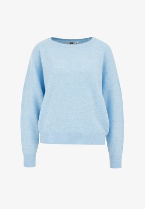 Jasnoniebieski sweter z miękkiego materiału, z okrągłym dekoltem, opuszczonymi ramionami oraz ściągaczami na mankietach i dolnym obszyciu.