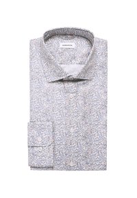 Camicia in tessuto blu chiaro con motivo floreale, colletto classico, bottoni sul davanti e polsino unico con bottoni bianchi; motivo di tessuto testurizzato su tutta la camicia.