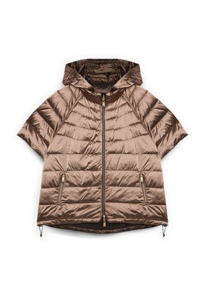 Krátká hnědá lesklá prošívaná bunda s krátkými rukávy, kapucí, celopropínacím zipem, zipovými kapsami po stranách a nastavitelným stahovacím lemem.