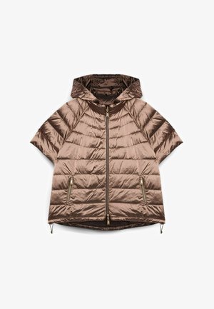 Krátká hnědá lesklá prošívaná bunda s krátkými rukávy, kapucí, celopropínacím zipem, zipovými kapsami po stranách a nastavitelným stahovacím lemem.