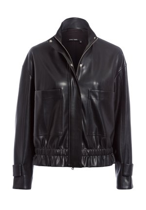 Black leather jacket with a high collar, zip front, and two large front pockets. Features a gathered waistband and smooth texture.