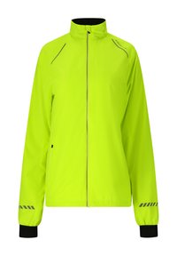 Bright yellow waterproof jacket with a high collar, long sleeves, reflective accents, and elastic cuffs. Features a front zipper and pockets.
