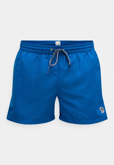 Siniset uimashortsit, joissa on joustava vyötärönauha ja kiristysnyöri. Oikeassa alakulmassa pieni kirjailtu logo. Sileä kangaspinta.