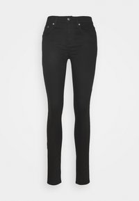 Jeans skinny negros hechos de denim elástico, con diseño de cinco bolsillos, cierre frontal con botón y detalles de costura sutiles en los lados.