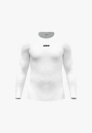 Maglia sportiva bianca a maniche lunghe in tessuto liscio, con logo nero "JAKO" sul petto e scollo rotondo.