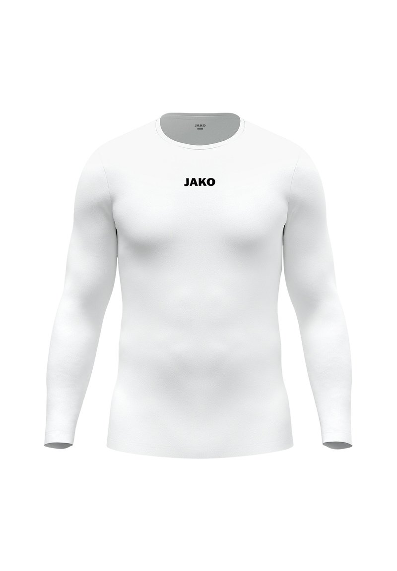Langärmeliges weißes Sportshirt aus glattem Stoff, mit einem schwarzen "JAKO"-Logo auf der Brust und einem Rundhalsausschnitt.