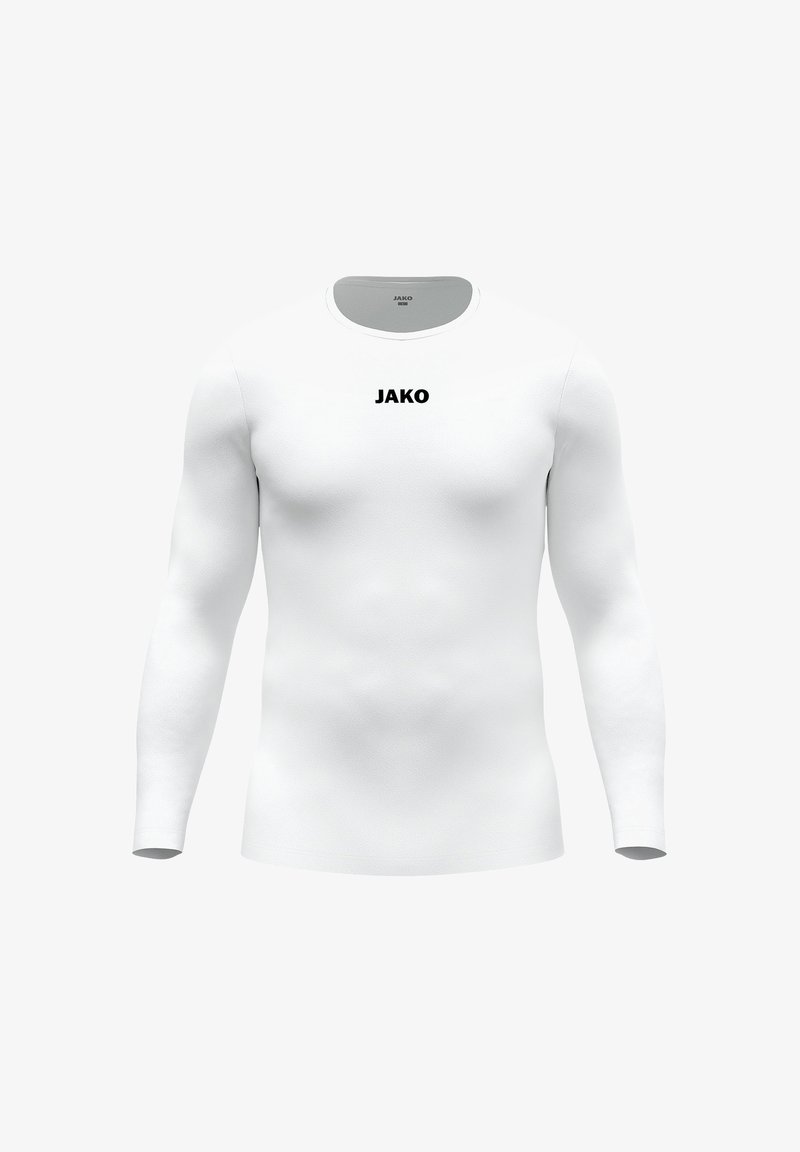 Langärmeliges weißes Sportshirt aus glattem Stoff, mit einem schwarzen "JAKO"-Logo auf der Brust und einem Rundhalsausschnitt.