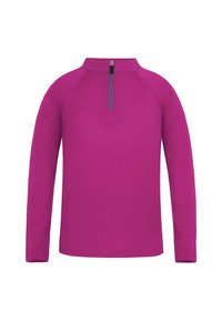 Fuchsia Langarmshirt mit hohem Kragen und kurzem Reißverschluss. Verfügt über Raglanärmel und ein kleines Logo-Detail am Saum. Weicher Griff.