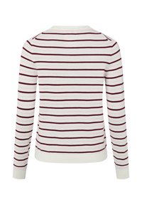 Gestreepte trui met lange mouwen in marinebordeaux en lichtroze horizontale strepen, ronde halslijn en geribbelde boorden en zoom. Gebreide stof.