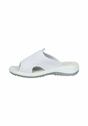 White open-toe slip-on sandal with fabric upper, cushioned insole, and textured gray rubber sole, shown from left side on white background.