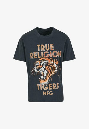 T-shirt en coton noir avec un imprimé de tigre, texte orange et blanc portant la mention "TRUE RELIGION TIGERS MFG" dans un style usé.
