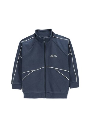 Granatowa kurtka na zamek z kołnierzem typu stójka, białymi lamówkami, ściągaczami przy mankietach i na dole oraz napisem „JUST ONE MORE GAME” na piersi.