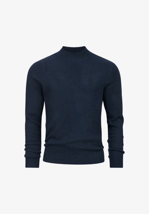 Dunkelblauer Pullover mit rundem Ausschnitt, langen Ärmeln und gerippten Bündchen. Hergestellt aus weichem Stoff mit glatter Textur. Keine Muster oder Akzente.