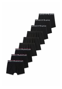 Svarta boxerkalsonger visade i rad, med ett mjukt tyg, elastisk midjeband med "DANDYFRANK"-logotyp, och en klassisk form med kort ben-design.