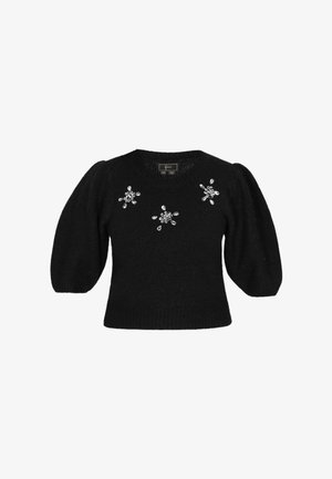 Czarny sweter dzianinowy z okrągłym dekoltem, bufkami oraz trzema ozdobami w postaci biżuteryjnych kwiatów z przodu. Miękka tekstura, dopasowany krój.
