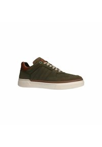 Green sneakers with a textured suede and leather upper, beige laces, and white rubber sole. Features three vertical stripes on the side.
