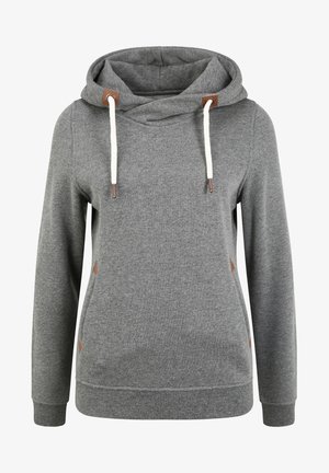 Grå hettegenser med hvite snorer og brune lærdetaljer. Laget av mykt materiale med en avslappet passform og sidesømmer.