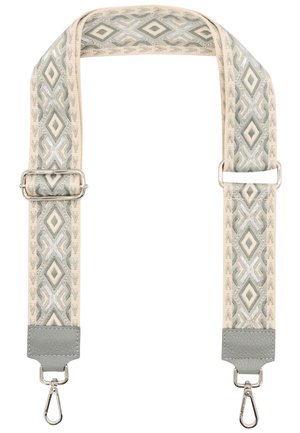 Beiger gewebter Riemen mit geometrischen Mustern in Grau und Hellblau, ausgestattet mit silbernen Beschlägen und Lederenden zur Befestigung.