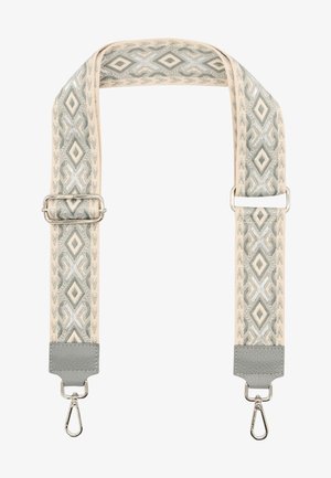 Beiger gewebter Riemen mit geometrischen Mustern in Grau und Hellblau, ausgestattet mit silbernen Beschlägen und Lederenden zur Befestigung.