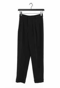 Black trousers with a pleated design, straight legs, cuffed hems, and smooth fabric. Features a waistband with belt loops and a hanging hook.