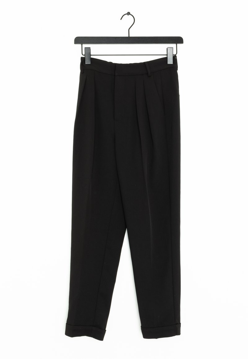Black trousers with a pleated design, straight legs, cuffed hems, and smooth fabric. Features a waistband with belt loops and a hanging hook.