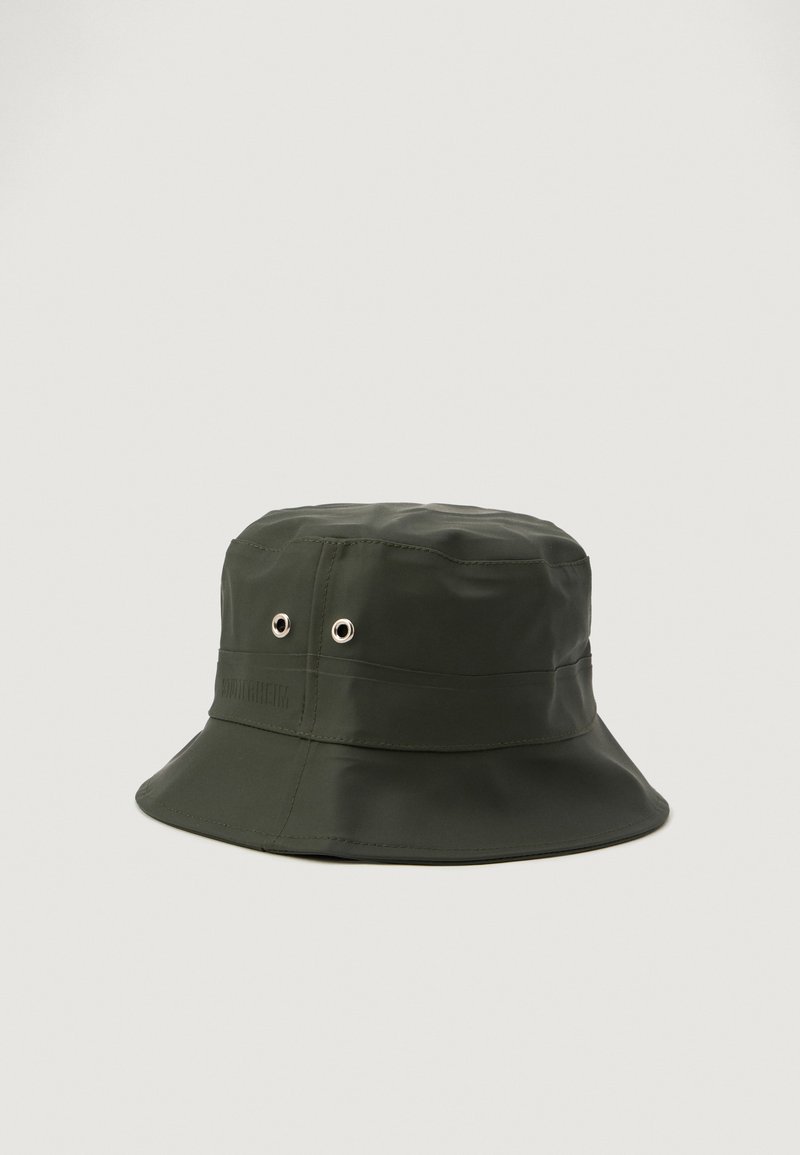 Temnozeleni klobuk s širokim robom, izdelan iz vodoodpornega materiala, z dvema ventilacijskima odprtinama in teksturiranim trakom okoli krošnje.