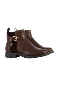 Brown leather ankle boots with a smooth finish, featuring a buckle accent and a low block heel. Textile panel on the sides adds texture.