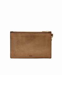 Braune Leder-Zipp-Tasche mit glatter Textur, rechteckiger Form, goldenen Hardware-Akzenten und einem geprägten Logo auf der Vorderseite.