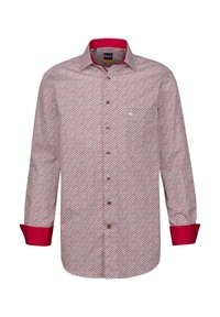 Camicia a maniche lunghe con un motivo floreale bianco, rosso e blu, caratterizzata da un colletto e polsini color bordeaux, con chiusura a bottoni e una tasca sul petto.