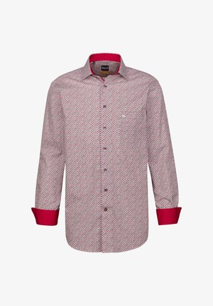 Camicia a maniche lunghe con un motivo floreale bianco, rosso e blu, caratterizzata da un colletto e polsini color bordeaux, con chiusura a bottoni e una tasca sul petto.