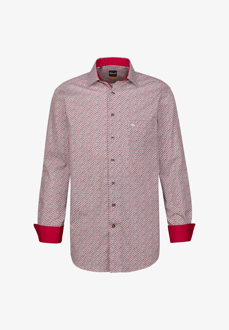 Camicia a maniche lunghe con un motivo floreale bianco, rosso e blu, caratterizzata da un colletto e polsini color bordeaux, con chiusura a bottoni e una tasca sul petto.