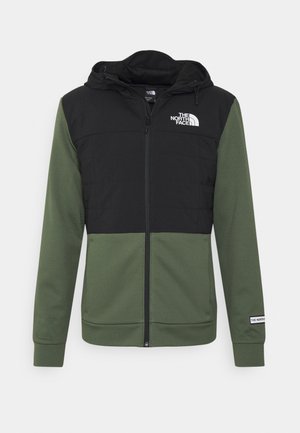 Bluza z kapturem na suwak, z czarną górą i kapturem, oliwkowozielonymi rękawami i dolną częścią, z logo The North Face na piersi i rękawie.